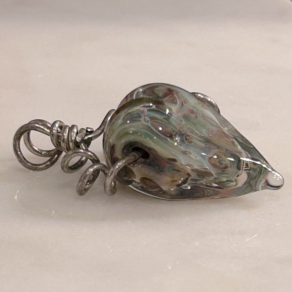 Heart Shaped Glass Blown Pendant Hand Crafted Green Blue Tan - Picture 7 of 11